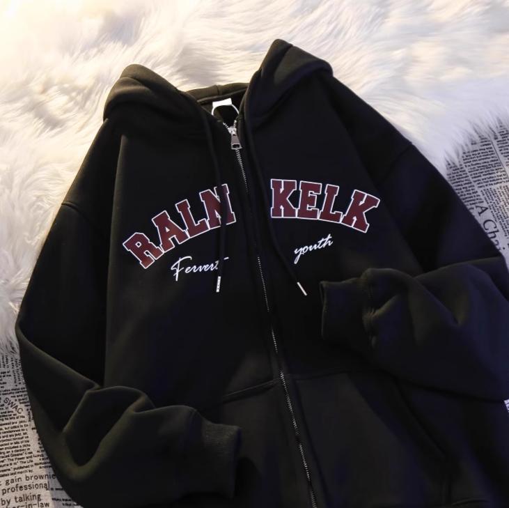 Jaket Hoodie RALN KELK Zipper Unisex Casual Street Lengan Panjang Pullover Resleting Fleece Pria Wanita Lembut Terbaru Kekinian Keren Remaja Distro Suwiter