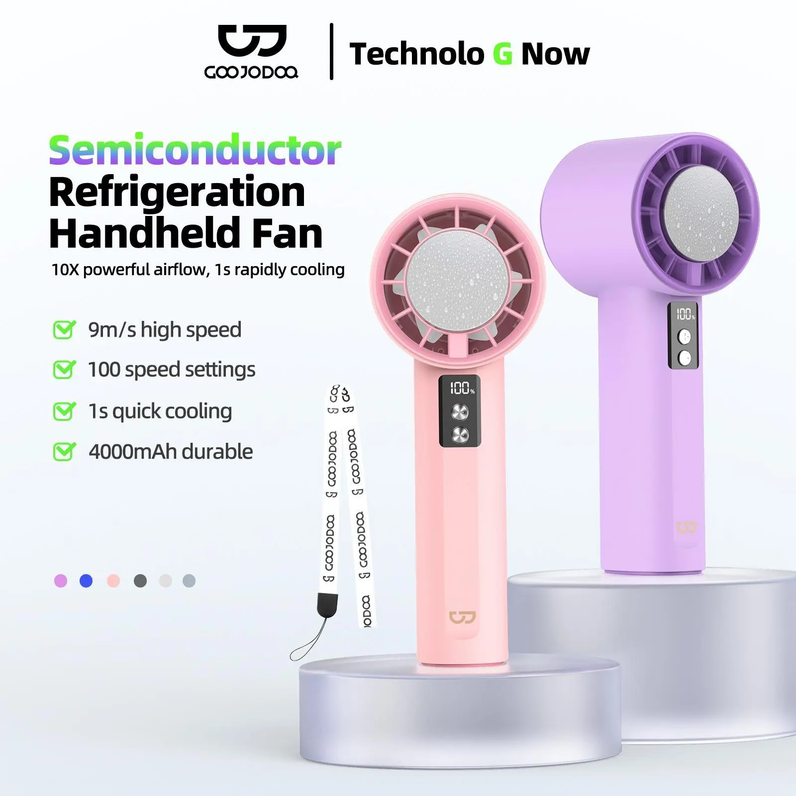 GOOJODOQ GFS006 High-Speed Fan Portable HandHeld Fan Semi Conductor Icy Cool Air Mini kipas Strong Wind 100 Gear Wind Speed kipas angin Digital Display Adjustable Turbo kipas