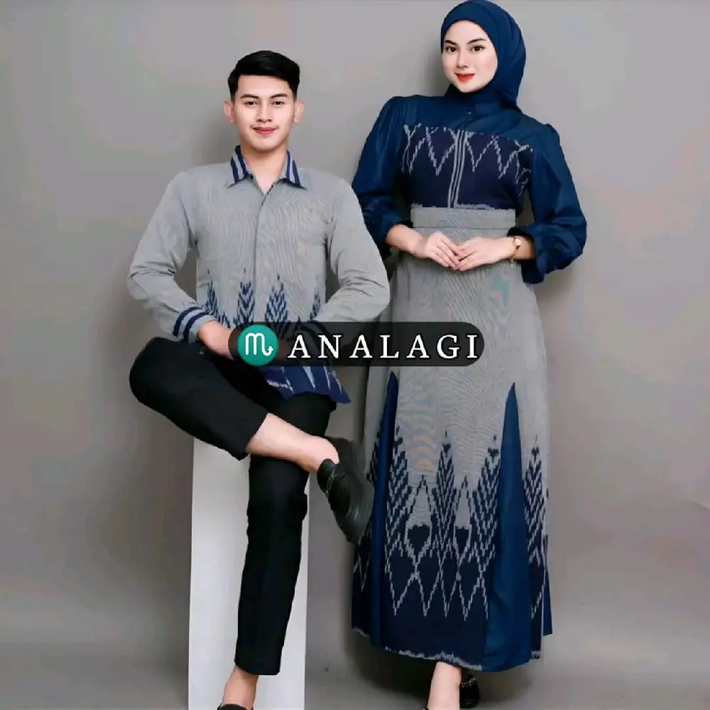 Baju Couple lebaran Kinanti abu nevy Set Baju Pasangan Muslim