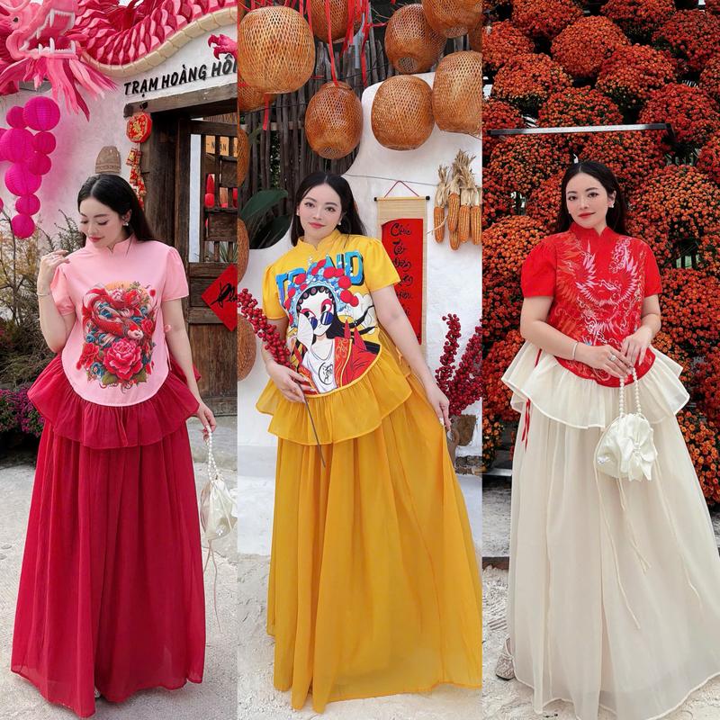  SET ĐẦM TẾT . Áo Lụa hàn phối chân váy tơ bồng kiểu dáng xoè tiểu thư  Phương TiPi 