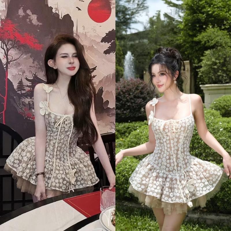 Đầm ren xoè ngắn bồng 2 dây hoa CÓ QUẦN kho sỉ hải chuyền Đ294
