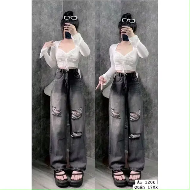 Quần jean nữ ống rộng rách gối