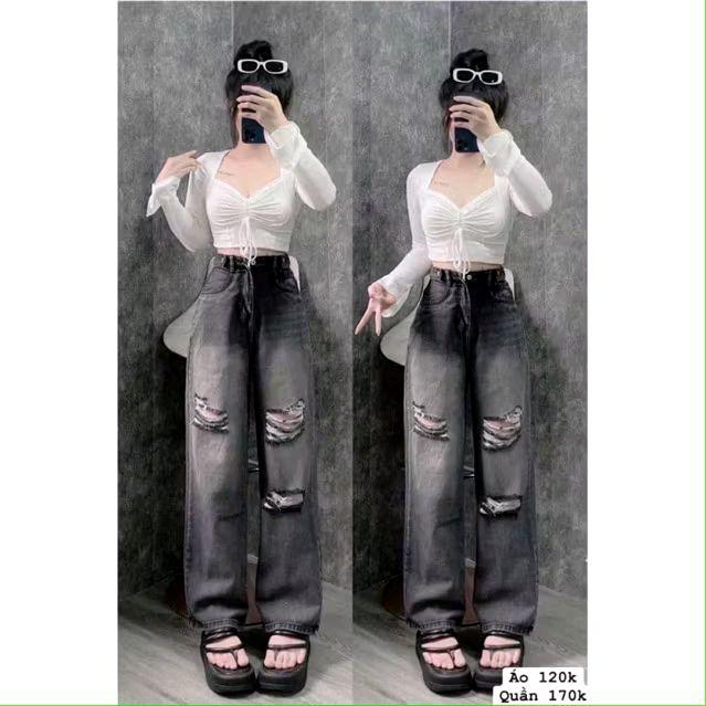 Quần jean nữ ống rộng rách gối 0