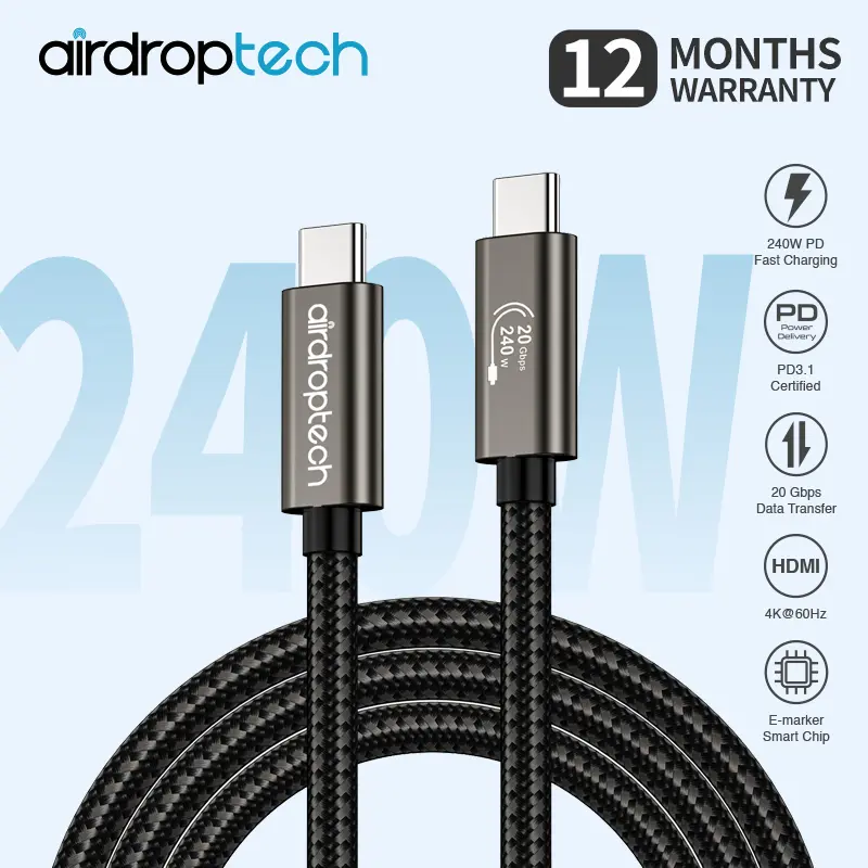 AIRDROPTECH 240W / 100W PD Type-C to Type-C Fast Charging Data Cable compatible with iPhone iPad Macbook Samsung