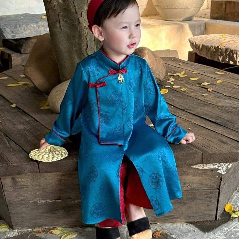  Linh An   Tặng Mấn   Set áo dài vải lụa gấm mặc tết cho bé trai từ 8-20kg  vải mềm  màu sáng  hoạ tiết rõ nét mặc đi chơi tết cực đẹp 