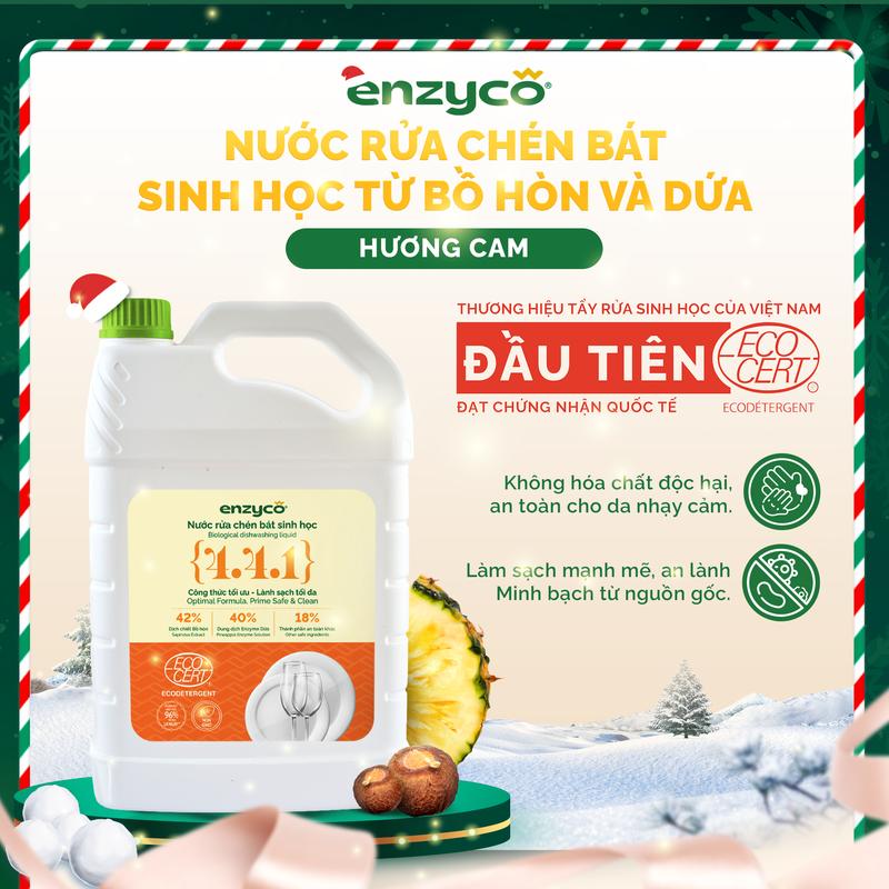  Nước rửa chén bát sinh học ENZYCO đạt Chứng nhận ECODETERGENT-ECOCERT từ Bồ Hòn và Dứa -  Khử mùi tanh sạch dầu mỡ an toàn cho da nhạy cảm - Hương thơm từ Tinh Dầu Gừng Tinh dầu Cam Tự Nhiên 4L 