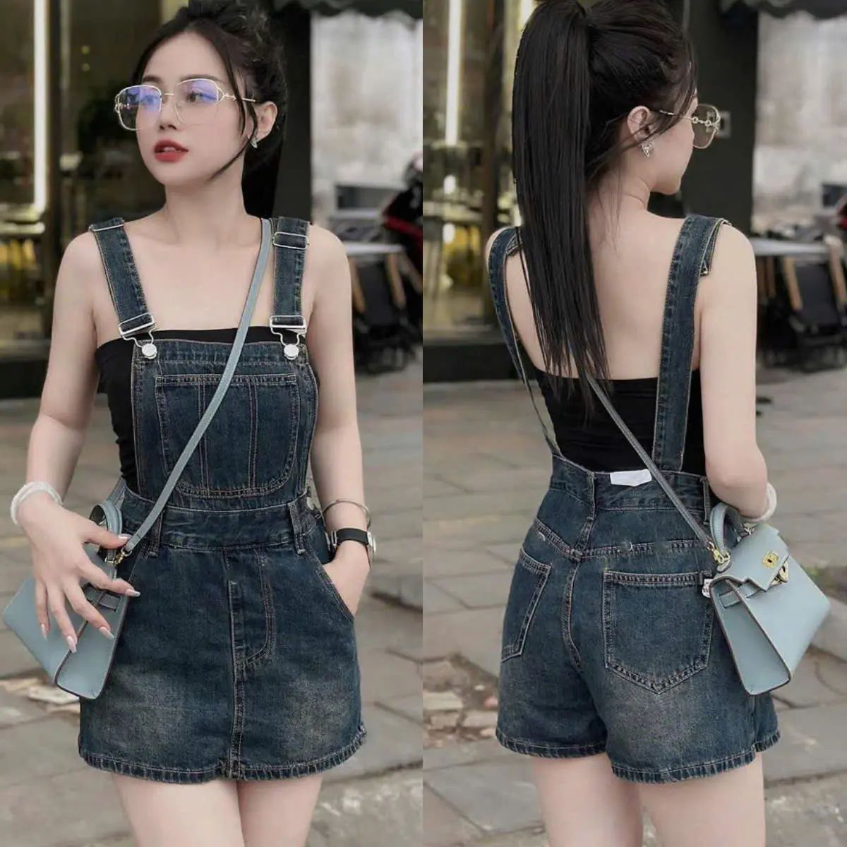 Set yếm nữ phối quần short giã váy kèm áo lót chất jean cao cấp set  bộ  jeans  nữ