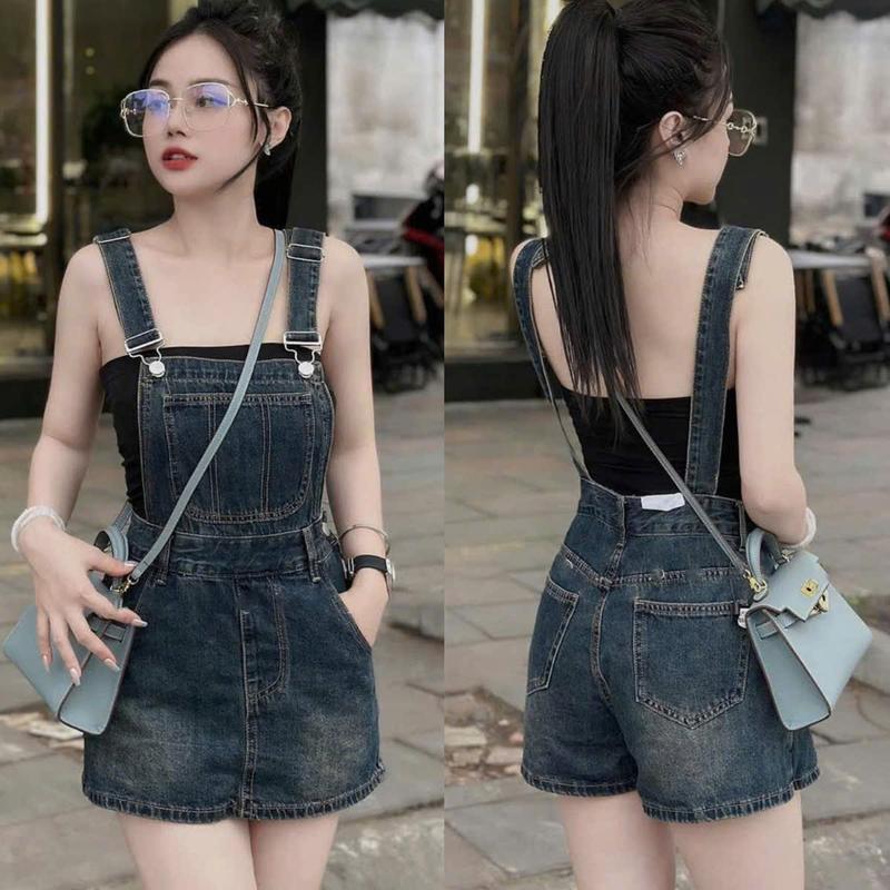 Set yếm nữ phối quần short giã váy kèm áo lót chất jean cao cấp set bộ jeans nữ