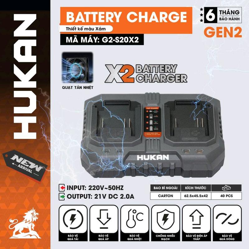 Bộ sạc bàn đôi Hukan Gen2 G2-S20 công suất sạc 2Ah có quạt tản nhiệt sạc 2pin cùng lúc đế sạc pin chân phổ thông