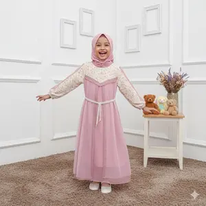 Gamis Anak Perempuan Aleena Ceruty Babydoll Mix Katun Bordir Free Belt Mutiara 2-11 Tahun