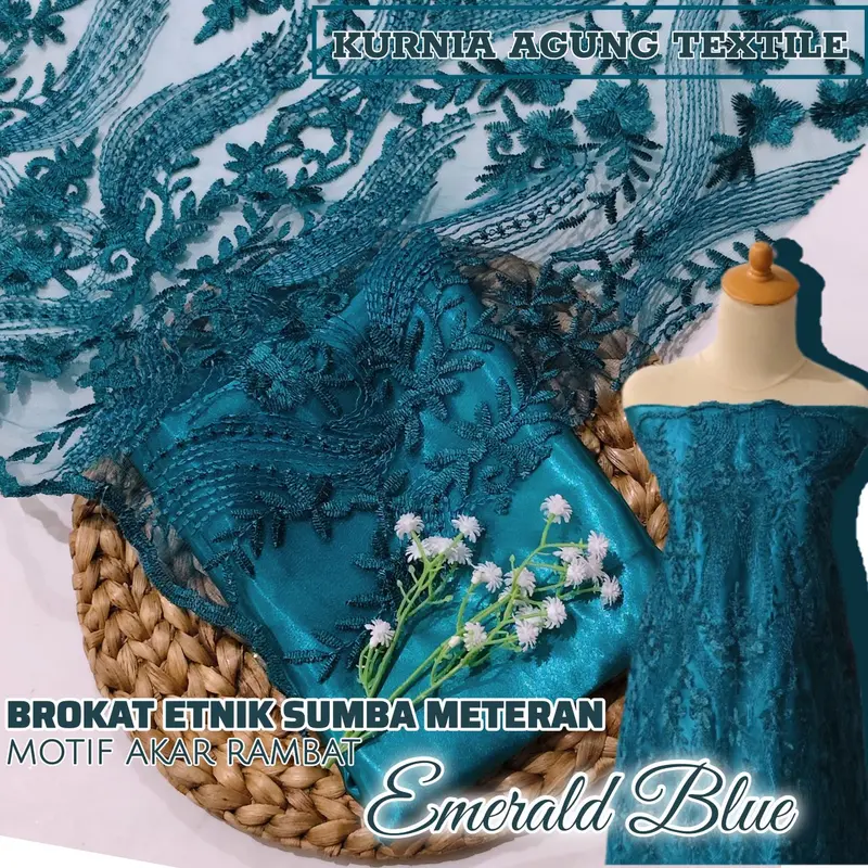 Kain Bahan warna EMERALD BLUE  Kain Bridesmaid Premium Bahan Brokat Satin motif Etnik Sumba Akar Rambat dijual per 50cm 0