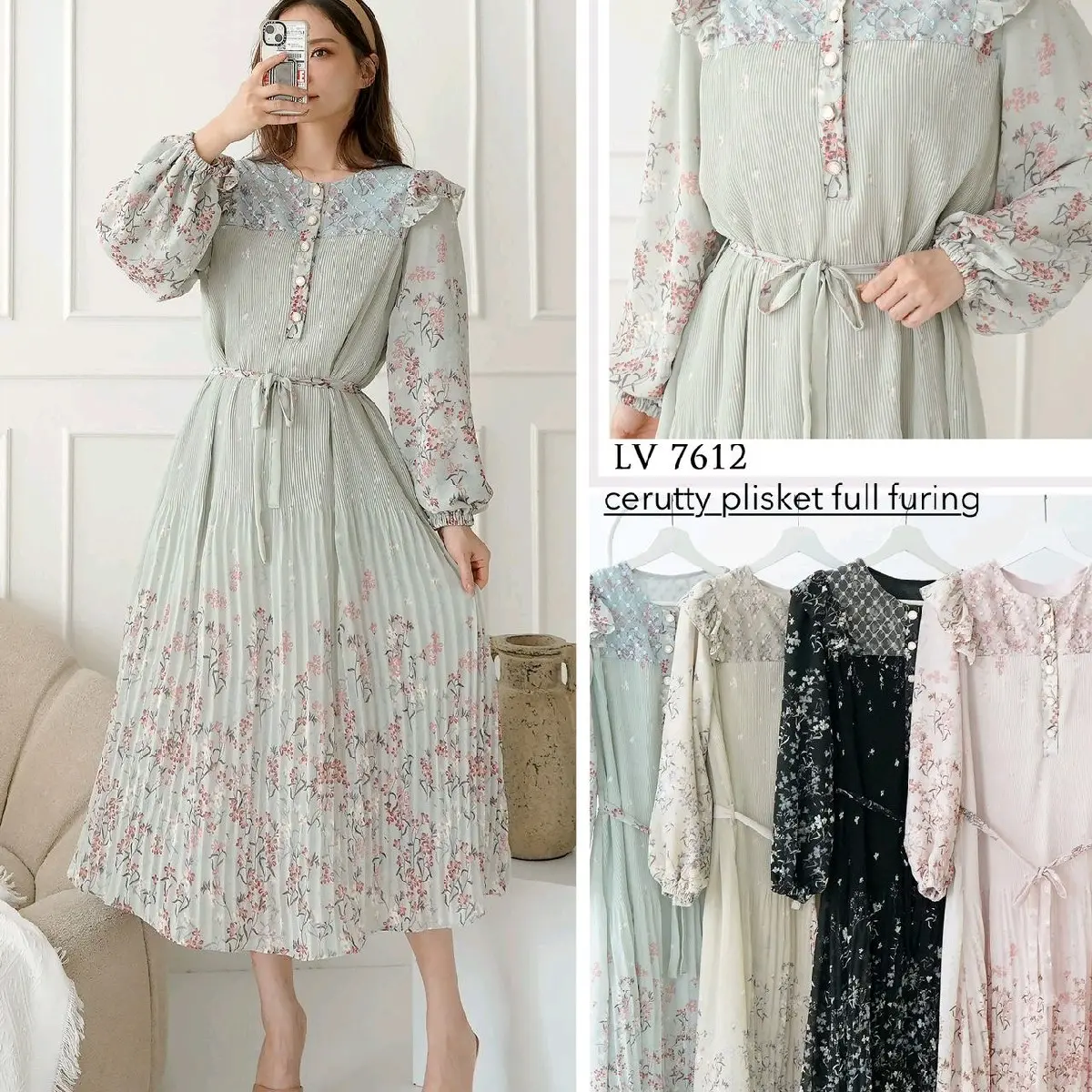 TUNIK PLISKET CERUTTY KOMBINASI TILE FULL FURING ADEM Tebal Casual Wanita Dress Panjang Tangan Formal Nyaman