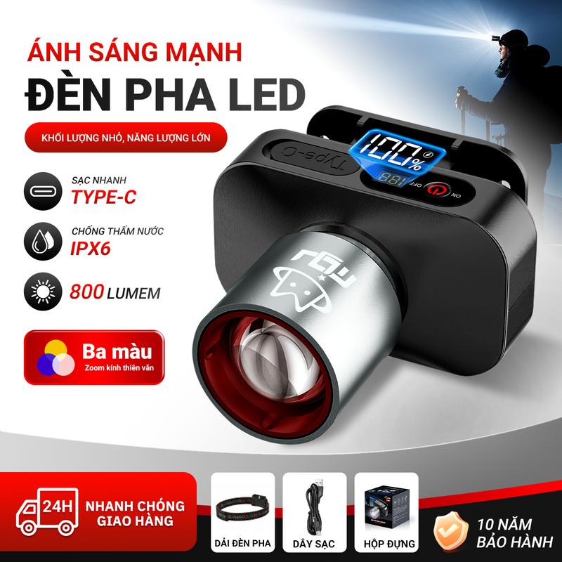 ĐÈN PHA LED ĐỘI ĐẦU SIÊU SÁNG 800 LUMEN – SẠC TYPE-C, CHỐNG NƯỚC IPX6, PIN HIỂN THỊ %, ZOOM 3 MÀU, ĐI CẮM TRẠI