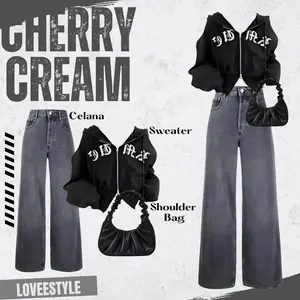 Outfit 3 In 1 One Set Cantik (Hoodie Zipper, Celana Jeans, Tangtop) Setelan Wanita Kekinian - LS3