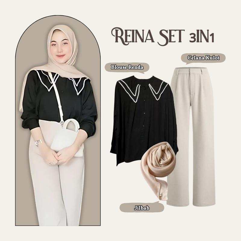 3in1 Setelan Wanita One Set Kekinian (Kemeja Korean Style Blouse Lucu, Celana Kulot Knit, Jilbab Segiempat Bella Square) LQ083 Atasan Hitam Kerah Renda one  set 2