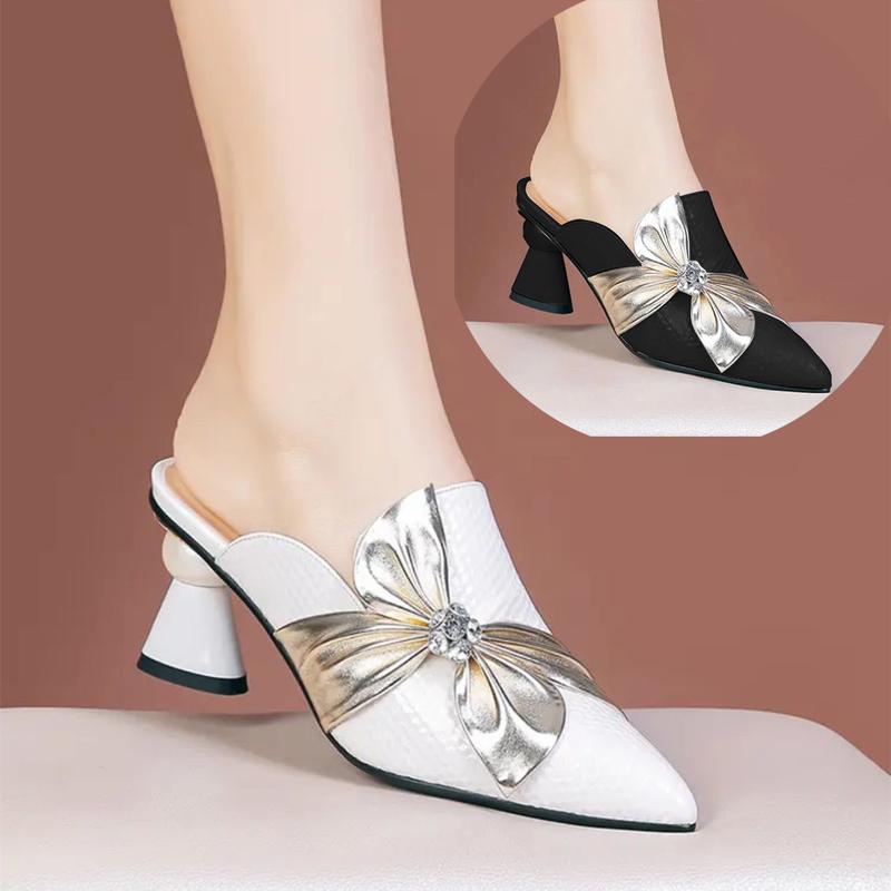 Dép Sục Nữ Cao Gót Bít Mũi Da Mềm 7cm Gót Trụ Phối Nơ Xoắn Eo Chéo Xinh Xắn Cao Cấp - CG292