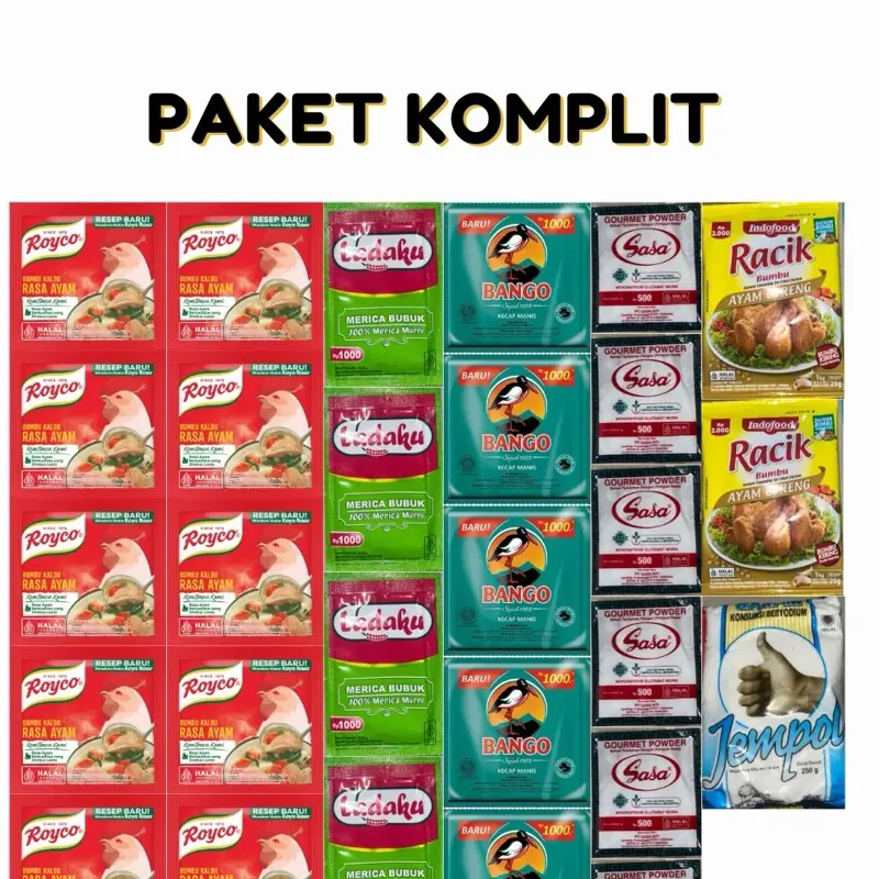 PAKET KOMPLIT BUMBU MASAK 24 ROYKO AYAM, 6 SACHET LADAKU, 6 SACHET KECAP BANGO, 6 SACHET MICIN, 2 SACHET BUMBU RACIK AYAM, 1 SACHET GARAM BERYODIUM BERAT 250 g 1