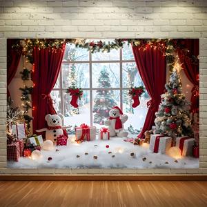1Pcs Fondo de fotografía navideño de Maravilla Invernal, Escena de Ventana de Pueblo Vibrante con Muñeco de Nieve, Árboles y Regalos, Perfecto para Fiestas Navideñas, Decoración del Hogar y Accesorios de Estudio