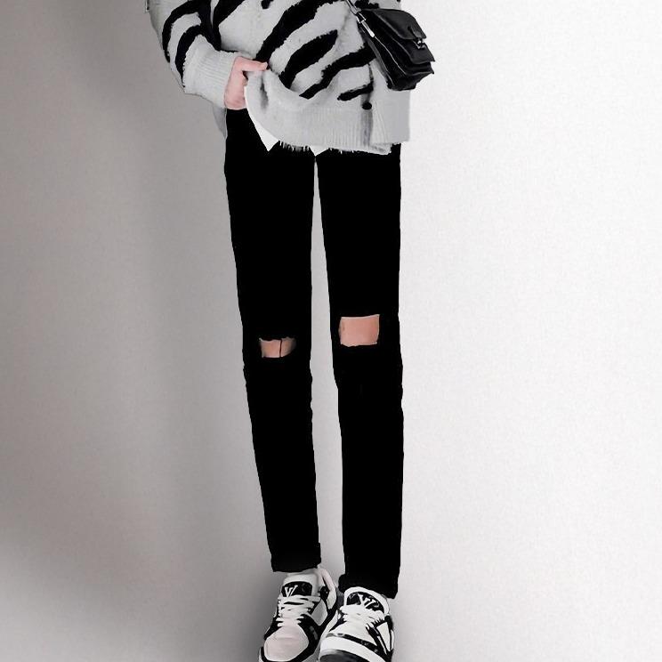 Quần jean dài nam màu đen kiểu rách gối to chất jean cao cấp co dãn nhẹ form skinny Q05 dáng đẹp Menswear Pants Có Túi