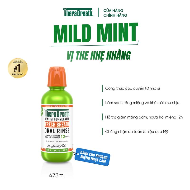 TheraBreath Nước Súc Miệng Không Cồn 473ml - Vị Mild Mint không cay - Làm sạch và thơm miệng cho răng miệng nhạy cảm