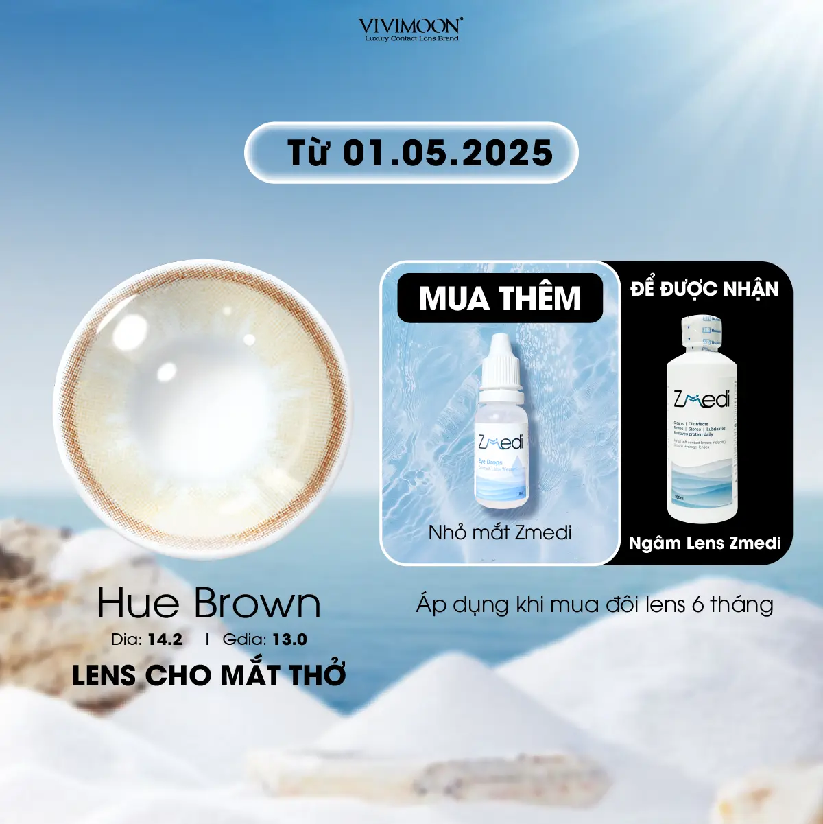 [Tặng Khay Đựng] Lens nâu Huế Brown tự nhiên cho mắt thở Vivimoon chất liệu Silicone Hydrogel dùng 6 tháng (giá 01 đôi)