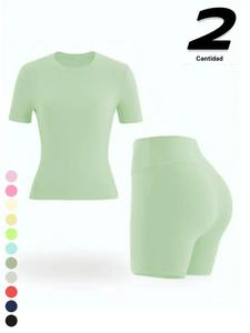 Nuevo conjunto deportivo para mujer de manga corta con shorts, ajuste entallado para verano, ideal para yoga, gimnasio, deportes al aire libre y uso casual