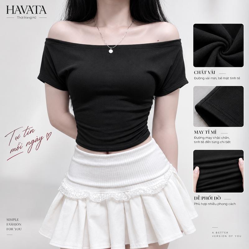 Áo trễ vai cộc tay HAVATA VN thắt eo tôn dáng basic tiểu thư đi chơi đi làm…