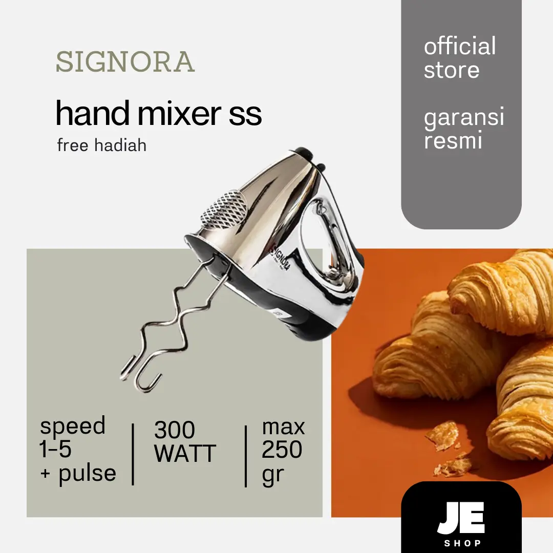 SIGNORA Hand Mixer,Dengan Mesin Powerfull Untuk Adonan Roti Kapasitas 250 Gr,Warna Chrome Free Hadiah Resep Garansi 1 Tahun