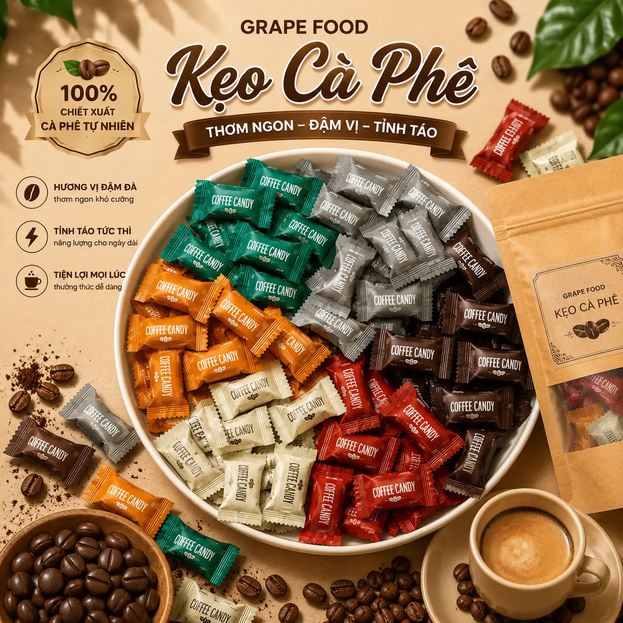 [ Túi 100 GRAM ] Kẹo Cà Phê Coffee Candy Đài Loan  Không Đường Cà Phê Sữa & Cà Phê Đen Đậm Thơm Ngậy Nhiều Vị