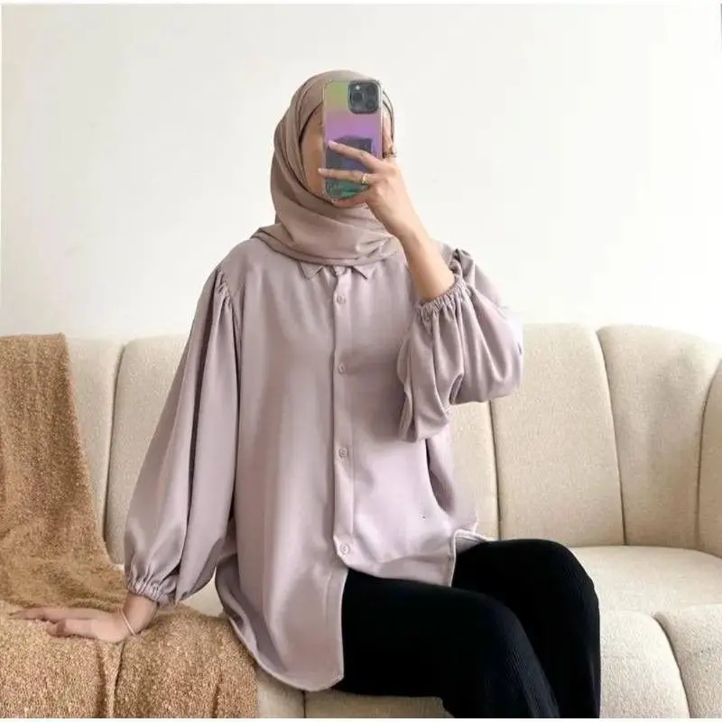 Zea Puffy Atasan Blouse Wanita Lengan Balon Shakila Twill Kemeja Casual Polos Baju Kancing Cewek Tangan Panjang Oversize
