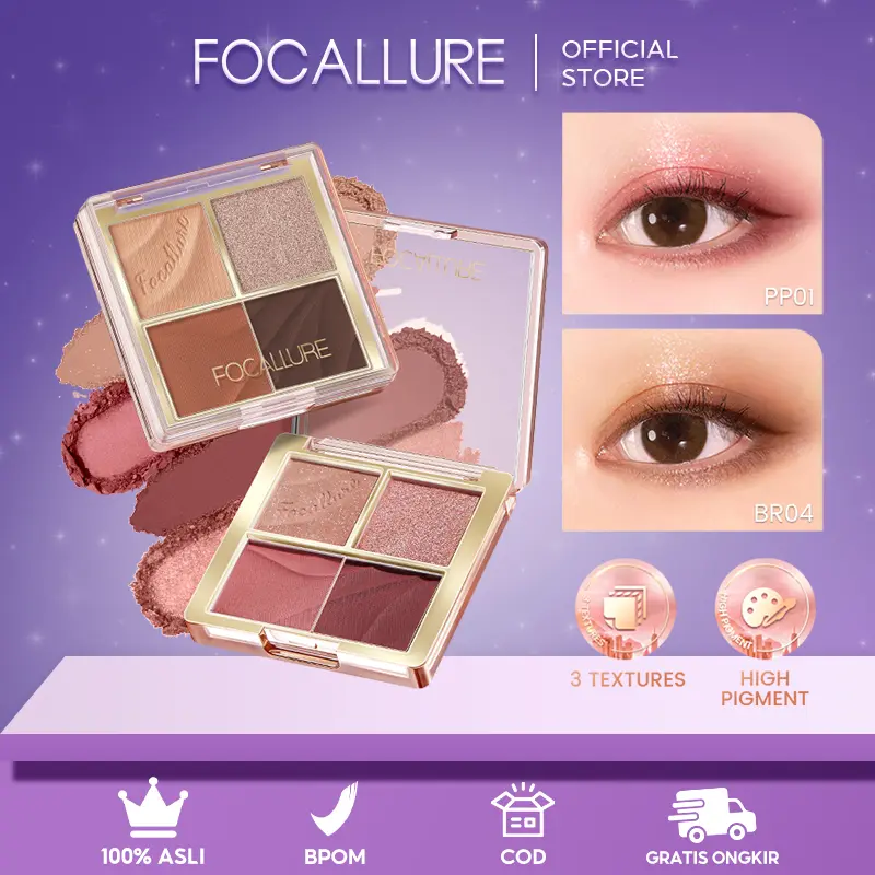 [Official] FOCALLURE Shimmer Eyeshadow Palette 4 Shades High Pigment #AmberGold