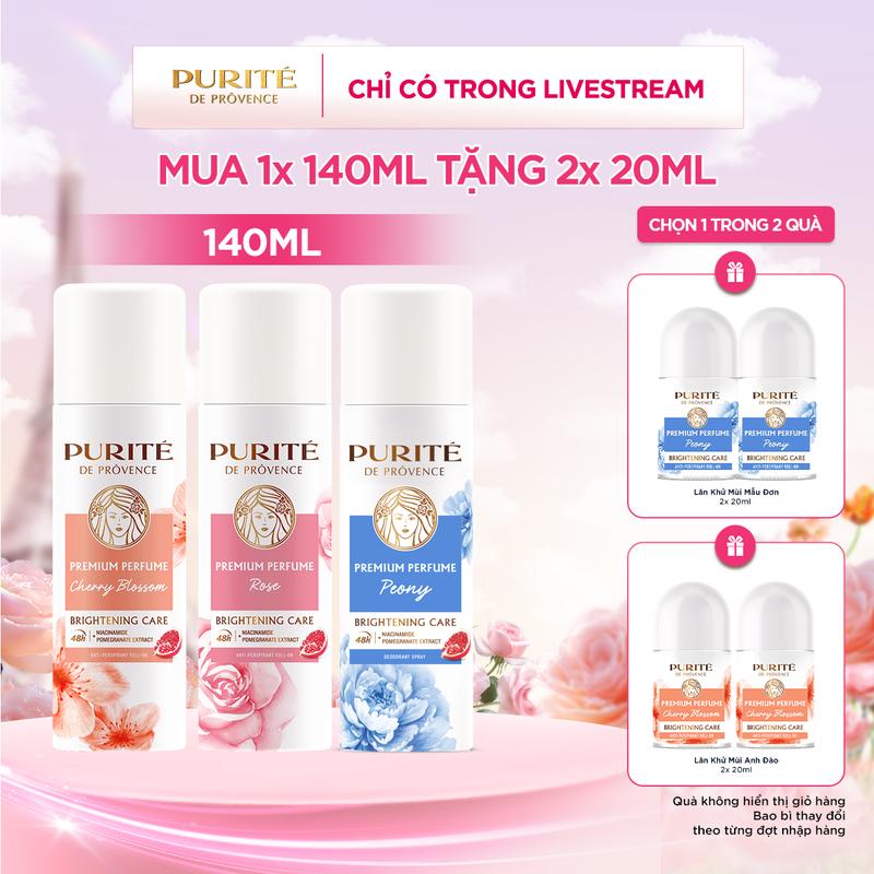 [COMBO MUA 1 TẶNG 2] Xịt Khử Mùi Dưỡng Sáng Hương Nước Hoa Cao Cấp Purité 140ML + Tặng 2 Lăn Khử Mùi Dưỡng Sáng Hương Nước Hoa Cao Cấp Purité 20MLx2