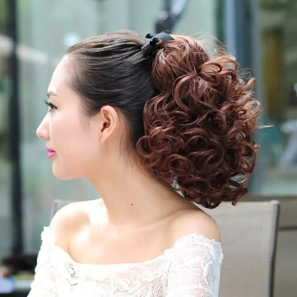 Aksesori Rambut, Rambut Palsu Ekor Kuda Serut Kerinting, Bahan Sintetik, Ekor Kuda Berombak Pendek Gebu, Sambungan Rambut Alamiah, Potongan Rambut Ekor Kuda, Sesuai untuk Kanak-kanak Perempuan sakura  hair extension Coklat Gelap