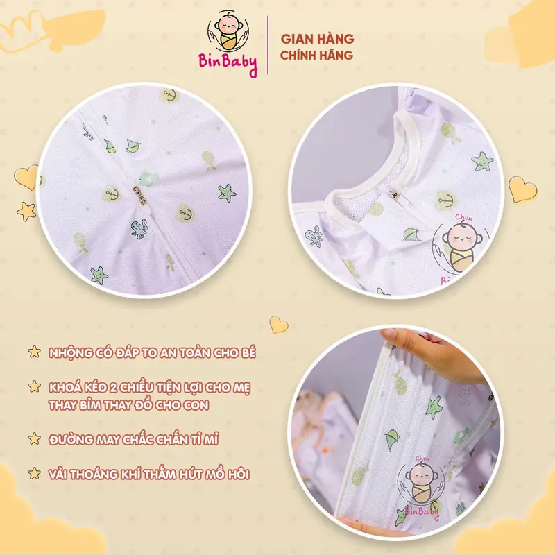 Nhộng chũn mở tay Binbaby cho bé – Vải thoáng khí co giãn 4 chiều – Giúp bé ngủ ngon, giảm giật mình 3