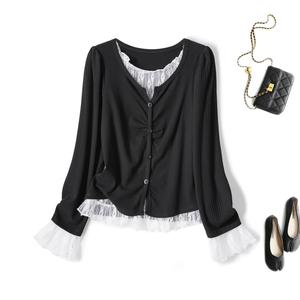 Kemeja-T Lengan Panjang Wanita Gaya Musim Luruh Baru, Saiz Besar, Gaya Korea, Disambung Renda, Baju Langsing, Rekaan Dua Keping Palsu, Gaya 80400