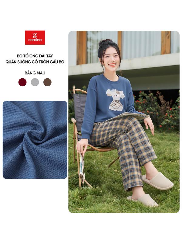  Đồ bộ nữ CARDINA áo tổ ong dài tay cổ tròn bo gấu và quần thô suông 5BTD09 
