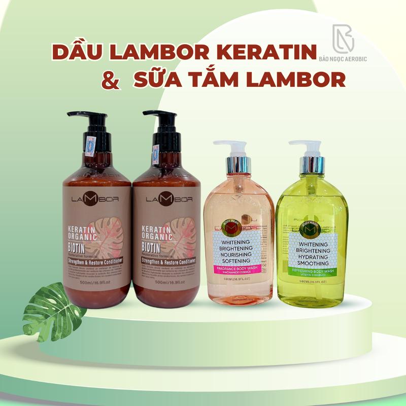 LAMBOR - Dầu Gội Xả KERATIN LAMBOR 500ml + CẶP SỮA TẮM LAMBOR - Dưỡng mềm mượt tóc - Dưỡng Tóc Chăm Sóc Tóc
