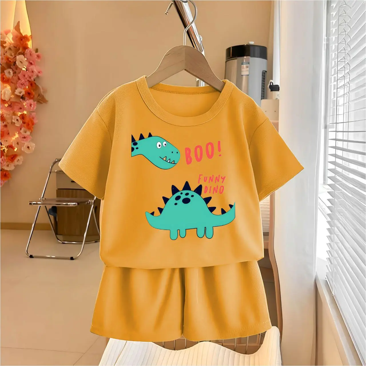 Bestwear.id - Setelan anak laki-laki dan perempuan celana pendek sablon digital FUNNY DINO bahan cotton combed / Pakaian anak unisex celana pendek sablon digital 1-10 tahun