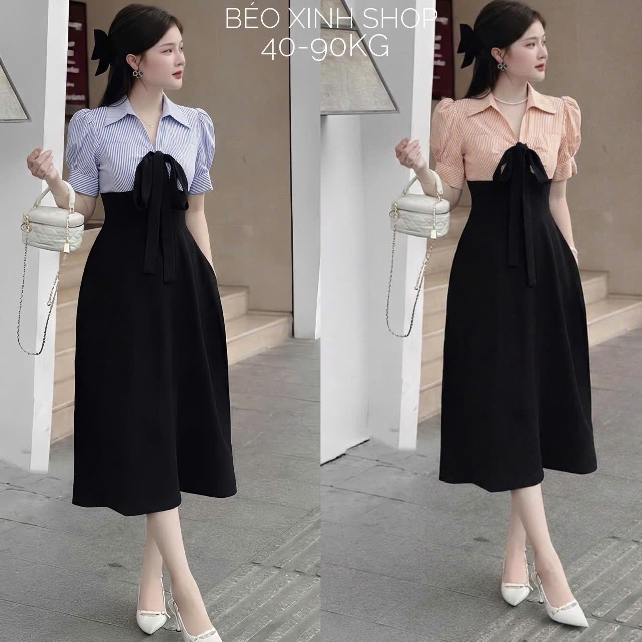 Thời Trang Nữ Đầm Cổ Sơ Mi Vải Cotton Lạnh Phối Lụa Sọc Phối Nơ  40- 90Kg Thời Trang Nữ Béo Xinh Shop - A.1357