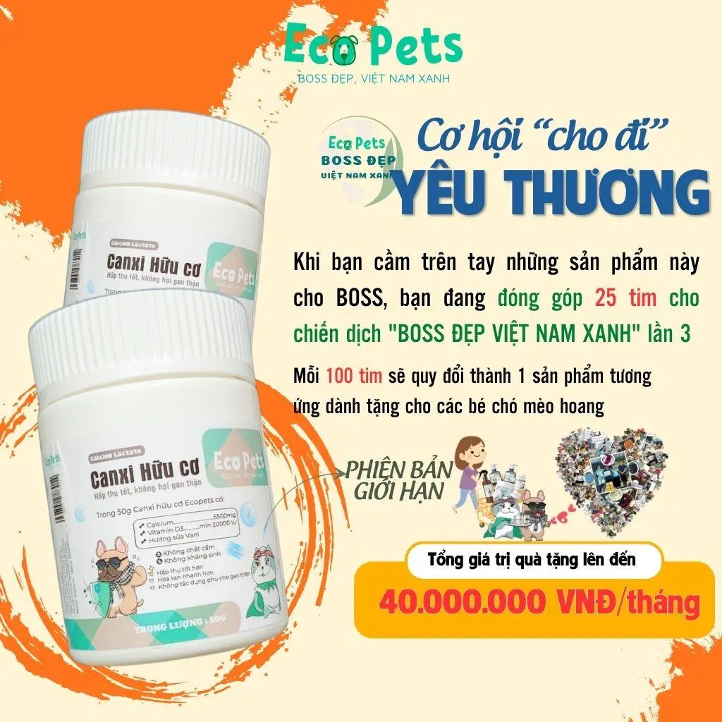 [ĐẶC BIỆT] Canxi hữu cơ cho chó mèo Ecopets - Bổ Sung Canxi Giúp Xương Chắc Khỏe, Bổ sung cho chó mèo bầu, chó con, canxi cho mèo