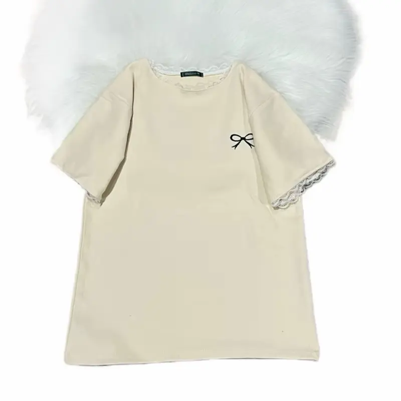 Mở Bán áo thun kiểu dáng fom ôm babytee cổ tay phối ren nơ thêu trước ngực cực điểm nhất hót trend 1