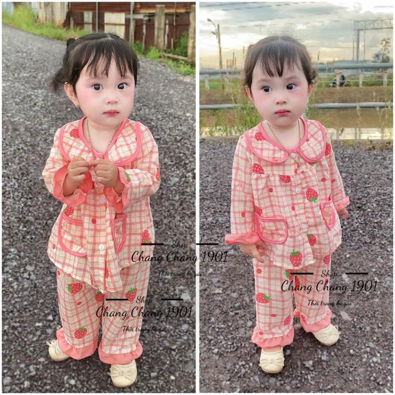  7-12kg sét Pizama tay dài quần dài phối bèo chất vải Cotton Hàn họa tiết hoa Tulip cho bé gái dưới 3 tuổi 