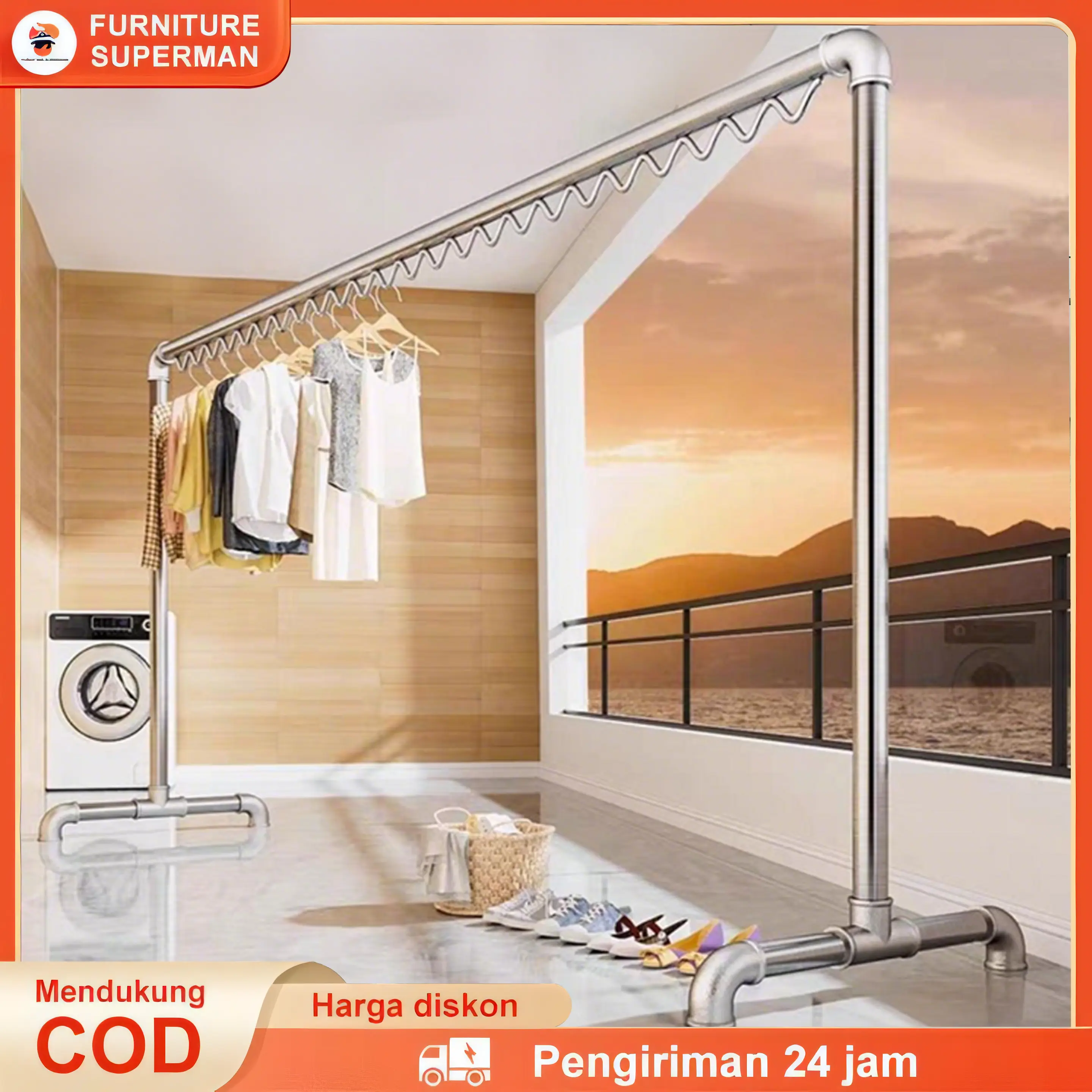 Furniture Superman Jemuran Baju Tabung Baja Stainless Steel 200CM Minimalis Hanger Stand Dalam Rumah Rak Pipa Hemat Ruang Pengering Pakaian & Selimut