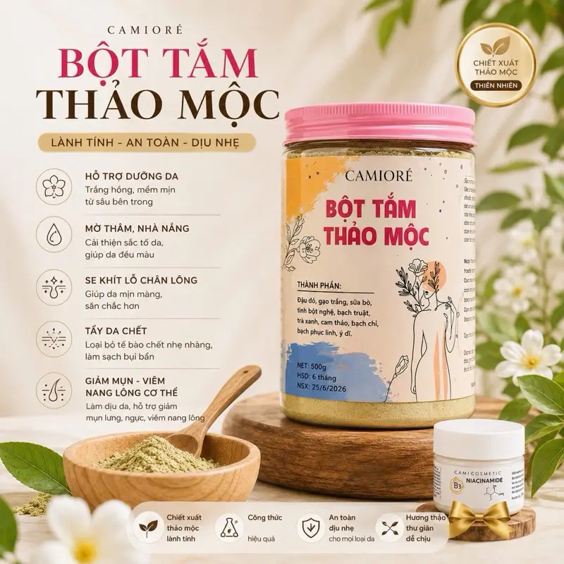 [TẶNG 10G BỘT TINH CHẤT B3] BỘT TẮM THẢO MỘC 500G,camicosmetic Dưỡng Body duong da