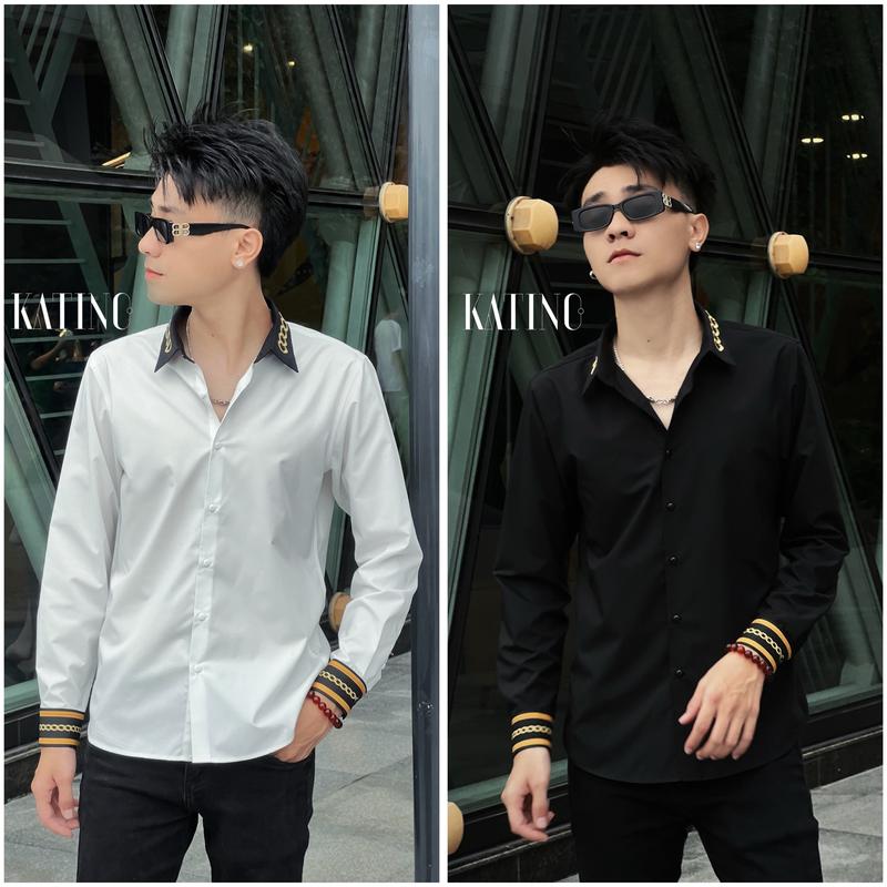  Áo sơ mi nam KATINO thiết kế chất vải lụa phối Hoạ Tiết Dây Xích 3D Luxury Cổ Chữ V Menswear Shirt 