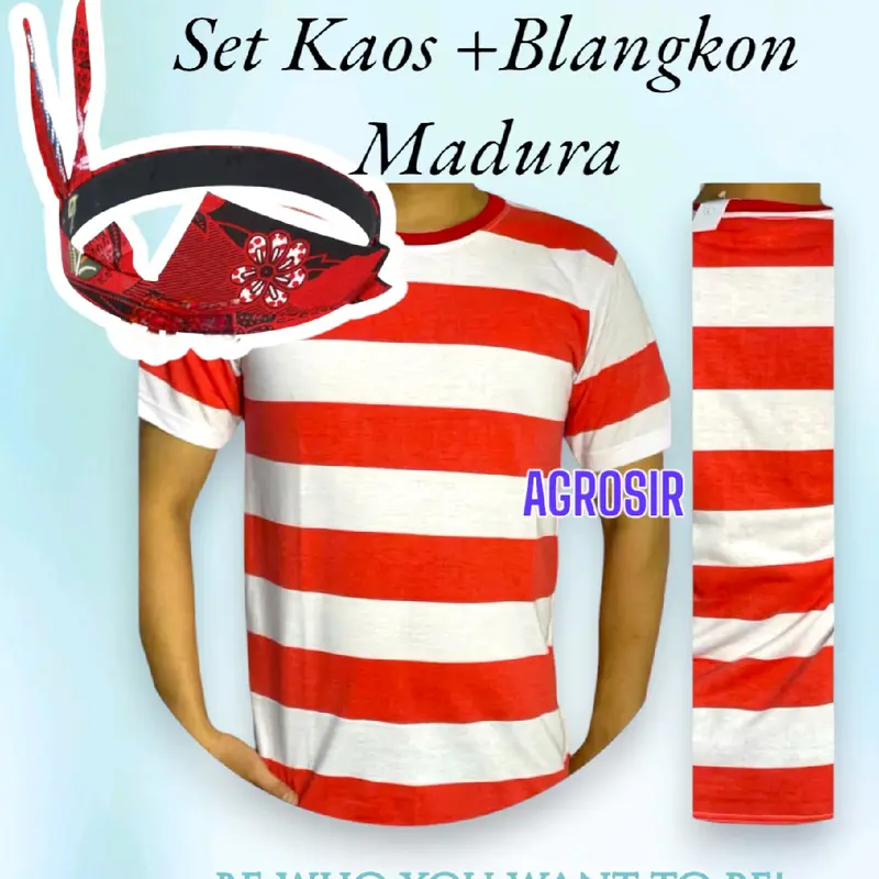 Kaos Sakera Madura Dewasa, Pakaian Adat Madura, Lorek Madura, Kaos Salur Merah Putih Bonus Blangkon Madura Garis 0