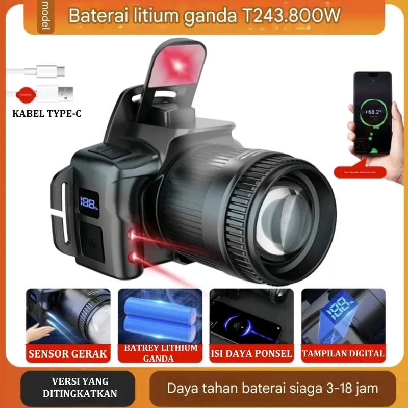 MOVTESS T243 Senter Kepala Zoom LED & Lampu Cob Merah Sensor Cerdas Digital Display Baterai Ganda 0