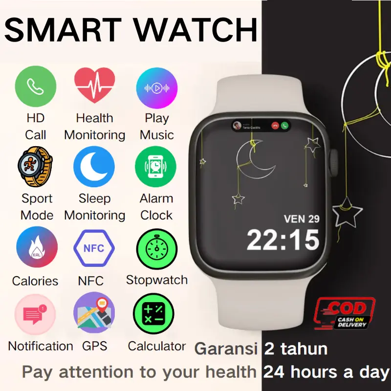 SmartWatch Original 2.3 "HD Full Touch Screen Wireless Charge Bluetooth Call Jam Tangan Pria Wanita Waterproof Customizable Wallpaper Android IOS Smartwatch