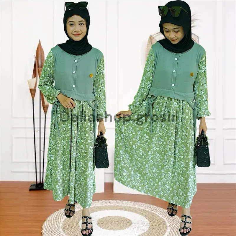 MIDI DRESS MOTIF BUNGA MELATI || BAHAN KNIT KOMBINASI CRINKLE AIRFLOW Muslim Wanita Mewah tunik Nyaman Variasi 3