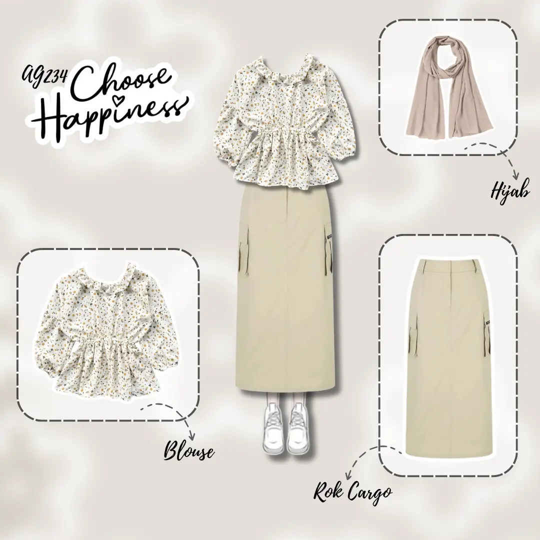 OOTD One Set Terbaru Outfit One Set Korean Style Outfit Lebaran Bukber | Blouse + Rok Cargo + Hijab | SET AG234